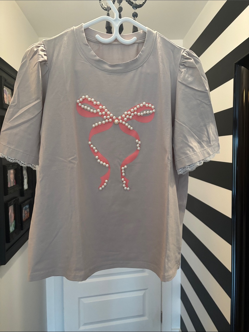 Short-Sleeve Pearl-Accent Bow Tee in Taupe - Women's Casual Top